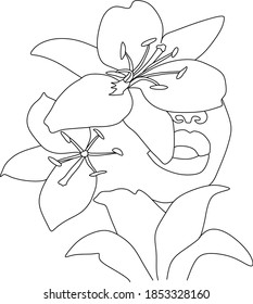 Abstraktes Gesicht mit Blumen durch eine Linie, Vektorgrafik. Portrait minimalistischer Stil. Botanischer Ausdruck. Natursymbol von Kosmetika. Moderne, durchgehende Linienkunst. Modedruck. Beaty Salon Logo.