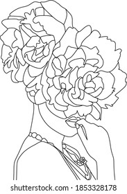 Cara abstracta con flores por dibujo vectorial de una línea. Retrato de estilo minimalista. Huella botánica. Símbolo natural de los cosméticos. Moderna línea de arte. Impresión de moda. Logo de Beaty Salon.
