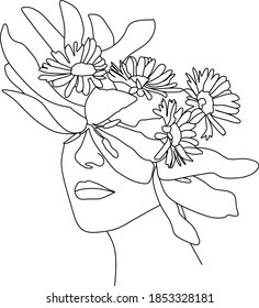 Abstract face with flowers by one line vector drawing. Portrait minimalistic style. Botanical print. Nature symbol of cosmetics. Modern continuous line art. Fashion print. Beaty salon logo.