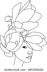 Abstract face with flowers by one line vector drawing. Portrait minimalistic style. Botanical print. Nature symbol of cosmetics. Modern continuous line art. Fashion print. Beaty salon logo.