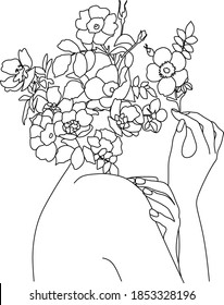Cara abstracta con flores por dibujo vectorial de una línea. Retrato de estilo minimalista. Huella botánica. Símbolo natural de los cosméticos. Moderna línea de arte. Impresión de moda. Logo de Beaty Salon.
