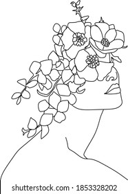 Abstract face with flowers by one line vector drawing. Portrait minimalistic style. Botanical print. Nature symbol of cosmetics. Modern continuous line art. Fashion print. Beaty salon logo.