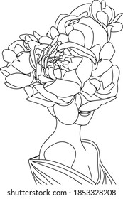 Abstract face with flowers by one line vector drawing. Portrait minimalistic style. Botanical print. Nature symbol of cosmetics. Modern continuous line art. Fashion print. Beaty salon logo.