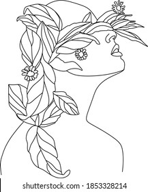 Cara abstracta con flores por dibujo vectorial de una línea. Retrato de estilo minimalista. Huella botánica. Símbolo natural de los cosméticos. Moderna línea de arte. Impresión de moda. Logo de Beaty Salon.