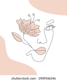 Cara abstracta con flores por dibujo vectorial de una línea. Retrato de estilo minimalista. Huella botánica. Símbolo natural de los cosméticos. Moderna línea de arte. Impresión de moda. Logo de Beaty Salon.