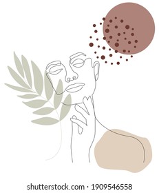 Abstract face with flowers by one line vector drawing. Portrait minimalistic style. Botanical print. Nature symbol of cosmetics. Modern continuous line art. Fashion print. Beaty salon logo.