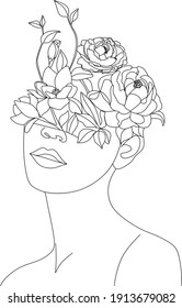 Abstract face with flowers by one line vector drawing. Portrait minimalistic style. Botanical print. Nature symbol of cosmetics. Modern continuous line art. Fashion print. Beaty salon logo.