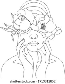 Abstract face with flowers by one line vector drawing. Portrait minimalistic style. Botanical print. Nature symbol of cosmetics. Modern continuous line art. Fashion print. Beaty salon logo.