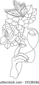 Abstract face with flowers by one line vector drawing. Portrait minimalistic style. Botanical print. Nature symbol of cosmetics. Modern continuous line art. Fashion print. Beaty salon logo.