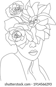 Abstract face with flowers by one line vector drawing. Portrait minimalistic style. Botanical print. Nature symbol of cosmetics. Modern continuous line art. Fashion print. Beaty salon logo.