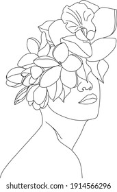 Abstract face with flowers by one line vector drawing. Portrait minimalistic style. Botanical print. Nature symbol of cosmetics. Modern continuous line art. Fashion print. Beaty salon logo.