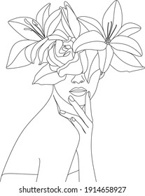 Abstract face with flowers by one line vector drawing. Portrait minimalistic style. Botanical print. Nature symbol of cosmetics. Modern continuous line art. Fashion print. Beaty salon logo.