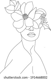 Abstract face with flowers by one line vector drawing. Portrait minimalistic style. Botanical print. Nature symbol of cosmetics. Modern continuous line art. Fashion print. Beaty salon logo.