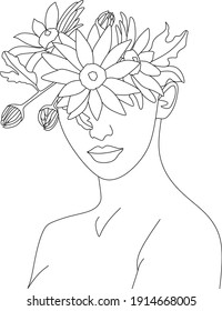 Abstract face with flowers by one line vector drawing. Portrait minimalistic style. Botanical print. Nature symbol of cosmetics. Modern continuous line art. Fashion print. Beaty salon logo.