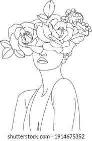 Abstract face with flowers by one line vector drawing. Portrait minimalistic style. Botanical print. Nature symbol of cosmetics. Modern continuous line art. Fashion print. Beaty salon logo.