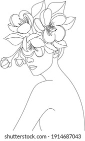 Abstract face with flowers by one line vector drawing. Portrait minimalistic style. Botanical print. Nature symbol of cosmetics. Modern continuous line art. Fashion print. Beaty salon logo.