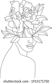 Abstract face with flowers by one line vector drawing. Portrait minimalistic style. Botanical print. Nature symbol of cosmetics. Modern continuous line art. Fashion print. Beaty salon logo.