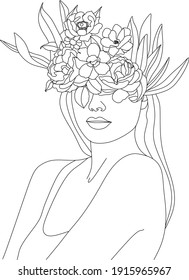 Abstract face with flowers by one line vector drawing. Portrait minimalistic style. Botanical print. Nature symbol of cosmetics. Modern continuous line art. Fashion print. Beaty salon logo.