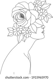Abstraktes Gesicht mit Blumen durch eine Linie, Vektorgrafik. Portrait minimalistischer Stil. Botanischer Ausdruck. Natursymbol von Kosmetika. Moderne, durchgehende Linienkunst. Modedruck. Beaty Salon Logo.