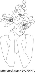 Abstract face and flowers by one line vector drawing  Portrait minimalistic style  Botanical print  Nature symbol cosmetics  Modern continuous line art  Fashion print  Beaty salon logo 