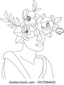 Abstract face with flowers by one line vector drawing. Portrait minimalistic style. Botanical print. Nature symbol of cosmetics. Modern continuous line art. Fashion print. Beaty salon logo.