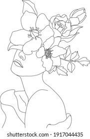 Cara abstracta con flores por dibujo vectorial de una línea. Retrato de estilo minimalista. Huella botánica. Símbolo natural de los cosméticos. Moderna línea de arte. Impresión de moda. Logo de Beaty Salon.