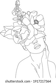 Abstract face with flowers by one line vector drawing. Portrait minimalistic style. Botanical print. Nature symbol of cosmetics. Modern continuous line art. Fashion print. Beaty salon logo.