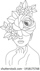 Abstract face with flowers by one line vector drawing. Portrait minimalistic style. Botanical print. Nature symbol of cosmetics. Modern continuous line art. Fashion print. Beaty salon logo.