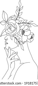 Abstract face with flowers by one line vector drawing. Portrait minimalistic style. Botanical print. Nature symbol of cosmetics. Modern continuous line art. Fashion print. Beaty salon logo.