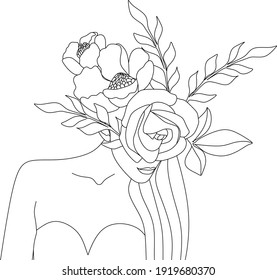 Abstract face with flowers by one line vector drawing. Portrait minimalistic style. Botanical print. Nature symbol of cosmetics. Modern continuous line art. Fashion print. Beaty salon logo.