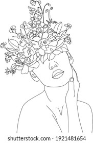 Abstract face with flowers by one line vector drawing. Portrait minimalistic style. Botanical print. Nature symbol of cosmetics. Modern continuous line art. Fashion print. Beaty salon logo.