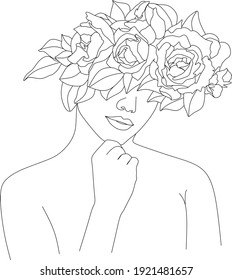 Abstract face with flowers by one line vector drawing. Portrait minimalistic style. Botanical print. Nature symbol of cosmetics. Modern continuous line art. Fashion print. Beaty salon logo.