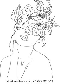 Abstract face with flowers by one line vector drawing. Portrait minimalistic style. Botanical print. Nature symbol of cosmetics. Modern continuous line art. Fashion print. Beaty salon logo.