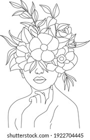 Cara abstracta con flores por dibujo vectorial de una línea. Retrato de estilo minimalista. Huella botánica. Símbolo natural de los cosméticos. Moderna línea de arte. Impresión de moda. Logo de Beaty Salon.