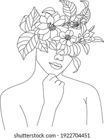 Abstract face with flowers by one line vector drawing. Portrait minimalistic style. Botanical print. Nature symbol of cosmetics. Modern continuous line art. Fashion print. Beaty salon logo.