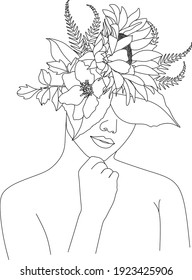 Abstract face with flowers by one line vector drawing. Portrait minimalistic style. Botanical print. Nature symbol of cosmetics. Modern continuous line art. Fashion print. Beaty salon logo.