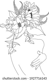 Cara abstracta con flores por dibujo vectorial de una línea. Retrato de estilo minimalista. Huella botánica. Símbolo natural de los cosméticos. Moderna línea de arte. Impresión de moda. Logo de Beaty Salon.
