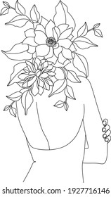Cara abstracta con flores por dibujo vectorial de una línea. Retrato de estilo minimalista. Huella botánica. Símbolo natural de los cosméticos. Moderna línea de arte. Impresión de moda. Logo de Beaty Salon.