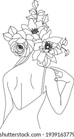 Abstraktes Gesicht mit Blumen durch eine Linie, Vektorgrafik. Portrait minimalistischer Stil. Botanischer Ausdruck. Natursymbol von Kosmetika. Moderne, durchgehende Linienkunst. Modedruck. Beaty Salon Logo.