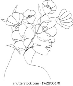 Abstract face with flowers by one line vector drawing. Portrait minimalistic style. Botanical print. Nature symbol of cosmetics. Modern continuous line art. Fashion print. Beaty salon logo.