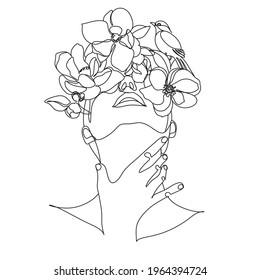 Resumen de la cara con flores en un dibujo de una línea. Retrato de estilo minimalista.  Huella botánica. Símbolo natural de los cosméticos. Moderna línea de arte. Impresión de moda. Arte de salón de belleza