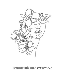 Resumen de la cara con flores en un dibujo de una línea. Retrato de estilo minimalista.  Huella botánica. Símbolo natural de los cosméticos. Moderna línea de arte. Impresión de moda. Arte de salón de belleza