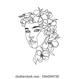Abstract face with flowers by one line drawing. Portrait minimalistic style.  Botanical print. Nature symbol of cosmetics. Modern continuous line art.  Fashion print. Beaty salon art