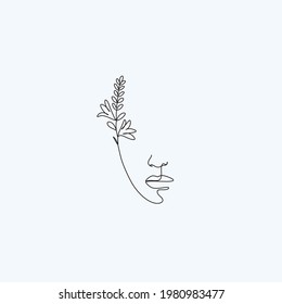 Abstract face with flowers  by one line drawing. Modern continuous line art. Women line art. Beauty salon logo. Coloring book. Botanical print. Nature symbol of cosmetics. Fashion logo.