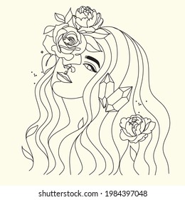 Abstract face with flowers by one line vector drawing. Portrait minimalistic style. Botanical print. Nature symbol of cosmetics. Modern continuous line art. Fashion print. Beaty salon