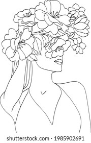 Cara abstracta con flores por dibujo vectorial de una línea. Retrato de estilo minimalista. Huella botánica. Símbolo natural de los cosméticos. Moderna línea de arte. Impresión de moda. Logo de Beaty Salon.