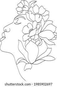 Abstract face with flowers by one line vector drawing. Portrait minimalistic style. Botanical print. Nature symbol of cosmetics. Modern continuous line art. Fashion print. Beaty salon logo.