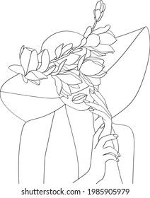 Cara abstracta con flores por dibujo vectorial de una línea. Retrato de estilo minimalista. Huella botánica. Símbolo natural de los cosméticos. Moderna línea de arte. Impresión de moda. Logo de Beaty Salon.