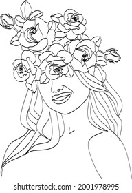 Abstract face with flowers by one line vector drawing. Portrait minimalistic style. Botanical print. Nature symbol of cosmetics. Modern continuous line art. Fashion print. Beaty salon logo.