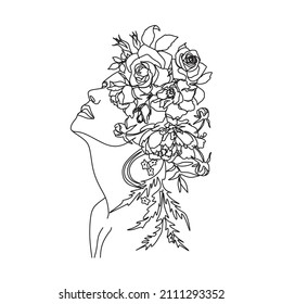 Abstract face with flowers by one line vector drawing. Portrait minimalistic style. Botanical print. Nature symbol of cosmetics. Modern continuous line art. Fashion print. Beaty salon logo.